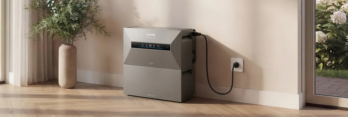 Anker SOLIX Solarbank MAX AC an einer Innenwand neben einer Terrassentür.