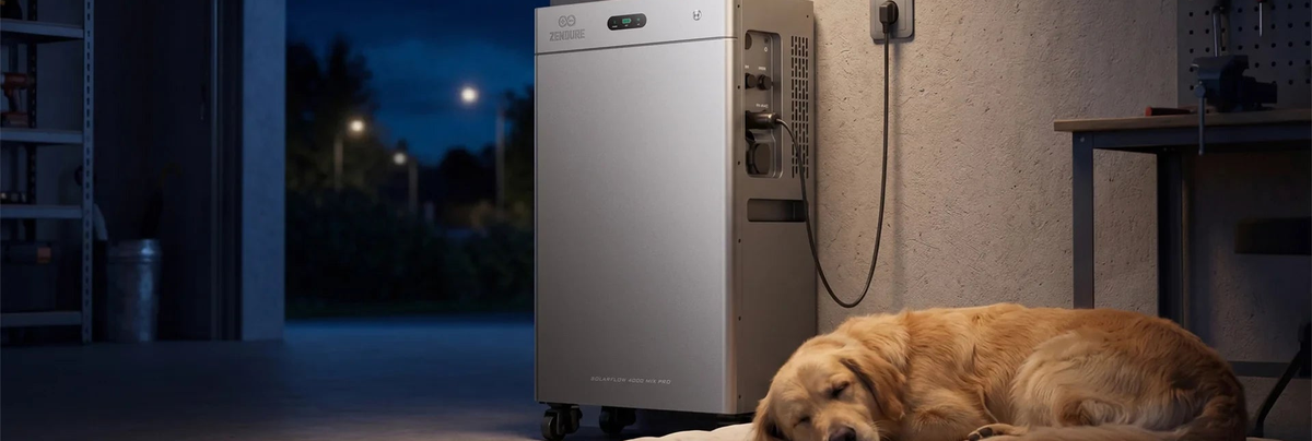 Zendure SolarFlow Mix AC+ an einer Hauswand am Abend, daneben ein schlafender Hund.