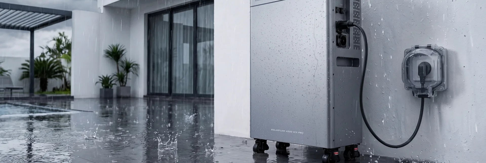Detail eines Zendure SolarFlow Mix AC+ an einer regennassen Außenwand.
