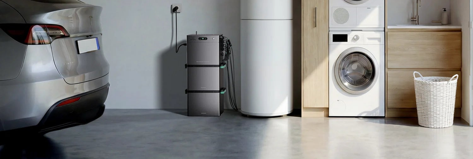 Zendure SolarFlow 2400 Pro mit Erweiterungsbatterien neben Waschmaschine und Trockner.