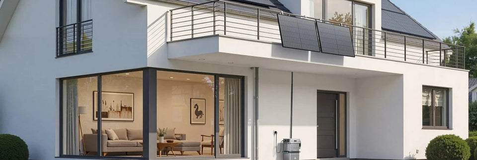 Wohnhaus mit Solarmodulen auf dem Dach und am Balkongeländer.