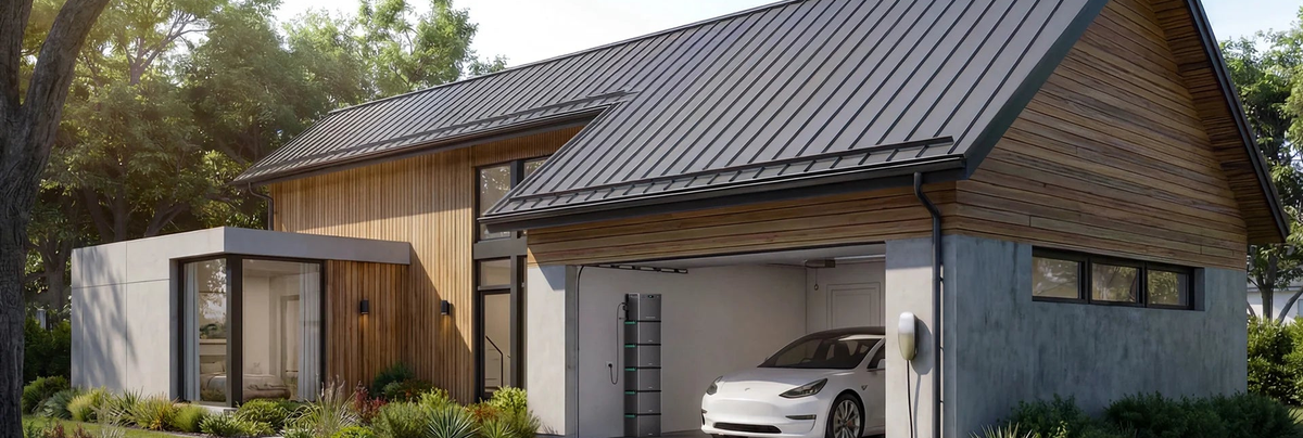 Photovoltaik auf einem Holzhaus mit Speicher im Bereich der Garage.