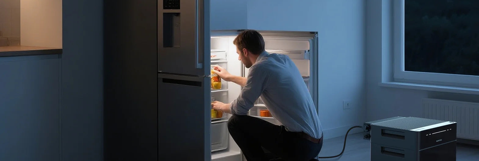 Alltagsszene mit einer Person am Kühlschrank und Marstek Speichersystem.