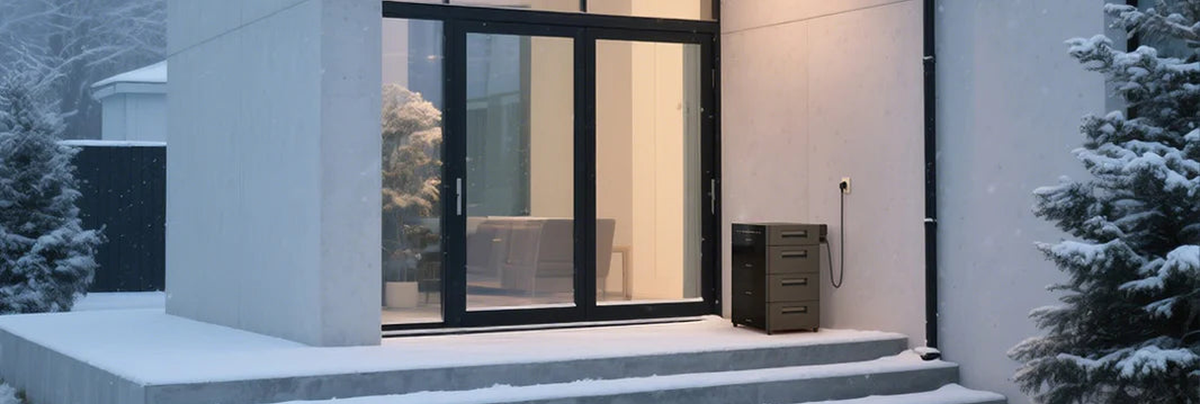 Winterliche Terrasse und Hauseingang mit Marstek Speichersystem.