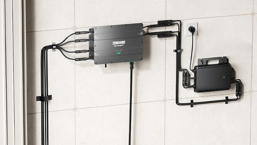 Unbeschädigte Steckverbindungen und Kabel eines Zendure Balkonsolarsystems im Herstellermotiv.