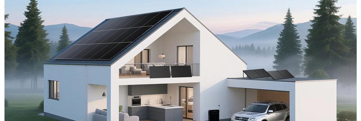 Wohnhaus mit Solarmodulen, Balkon und Garage.