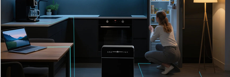 Marstek Venus E im Küchenbereich mit einer Person am Kühlschrank.