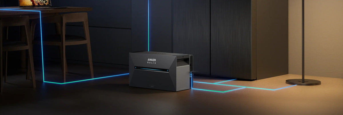Anker SOLIX Solarbank 3 Pro in einer Küche mit dargestellten Energieflüssen.