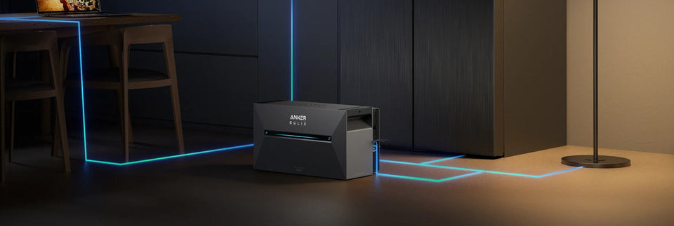 Anker SOLIX Solarbank 3 Pro in einer Küche mit dargestellten Energieflüssen.