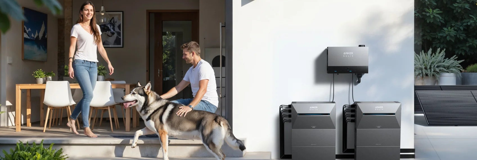 Familie mit Hund auf einer Terrasse neben Anker SOLIX Solarbank und Power Dock.