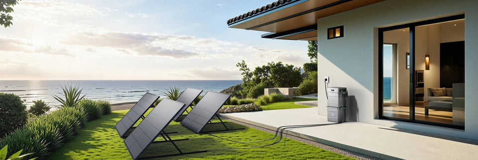 Solarmodule im Garten neben einem Wohnhaus.