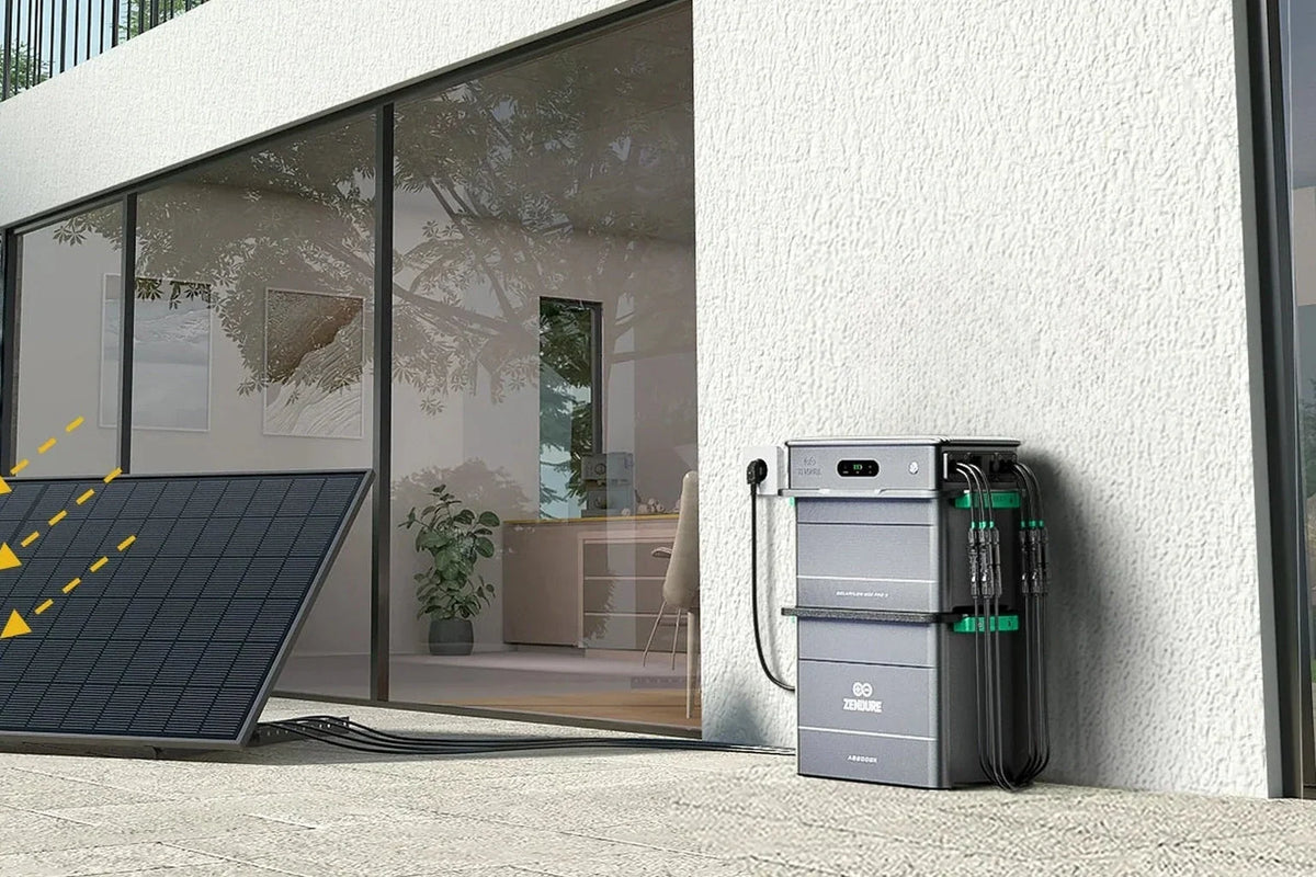 Zendure SolarFlow 800 Pro 2 mit Zusatzbatterie neben Solarmodulen auf einer Terrasse.