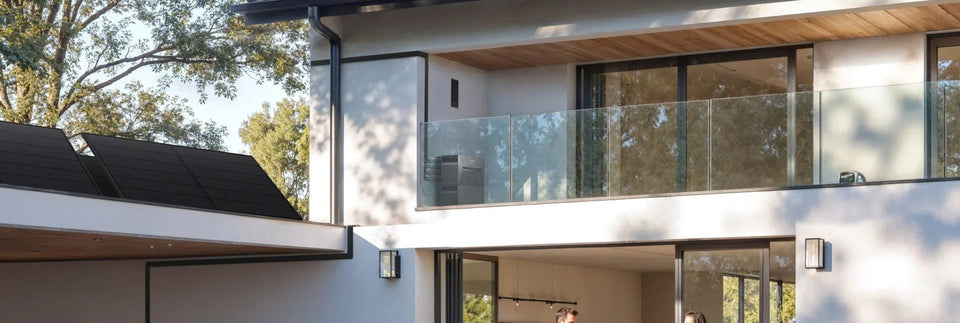 Familie vor einem Haus mit Anker SOLIX Speichersystem und Wallbox.