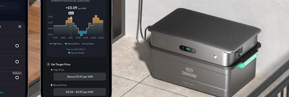 Zendure SolarFlow 2400 AC und Smartphone mit Darstellung dynamischer Strompreise.