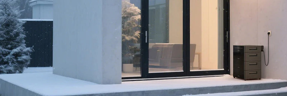 Schneebedeckte Terrasse vor einem Wohnhaus.