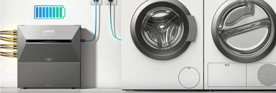 Anker SOLIX Solarbank 3 Pro neben Waschmaschine und Trockner.