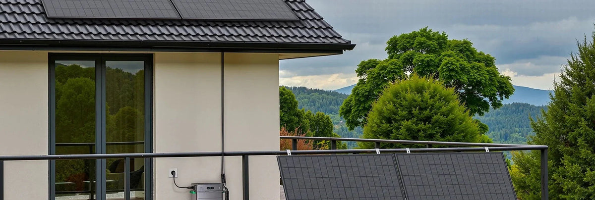 Solarmodule und Speichersystem an einem Balkongeländer.