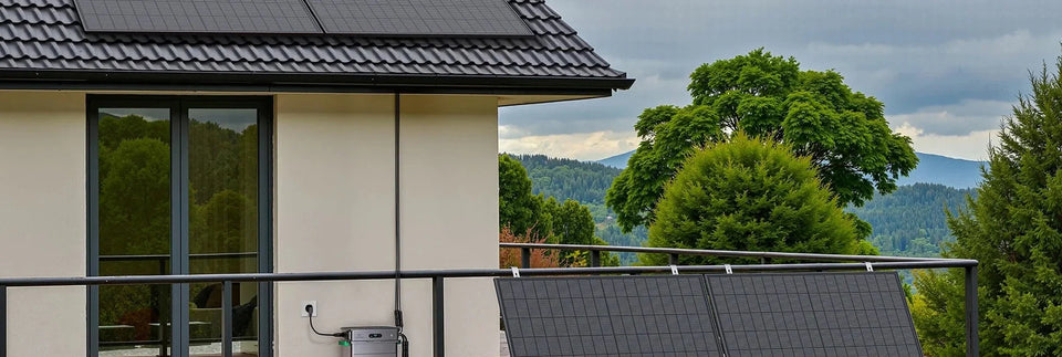 Solarmodule und Speichersystem an einem Balkongeländer.