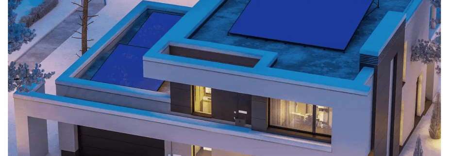 Wohnhaus mit Photovoltaik und Speichersystem in einer Tag-Nacht-Darstellung.
