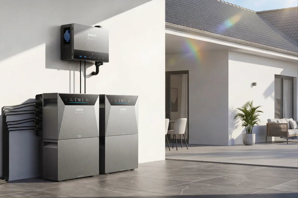 Anker SOLIX Power Dock und Solarbank 4 mit Erweiterungsbatterien an einer geschützten Außenwand.
