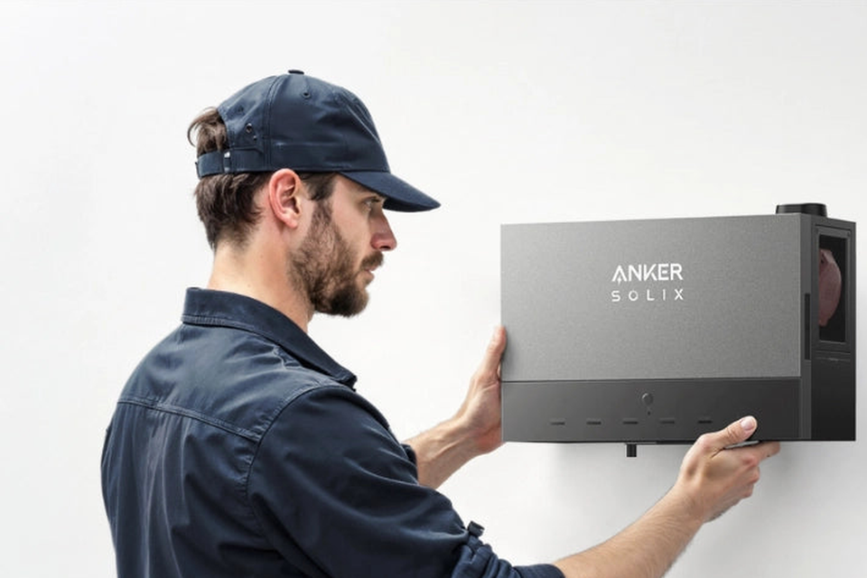 Person mit einem Anker SOLIX Power Dock an einer Hauswand im Herstellermotiv.