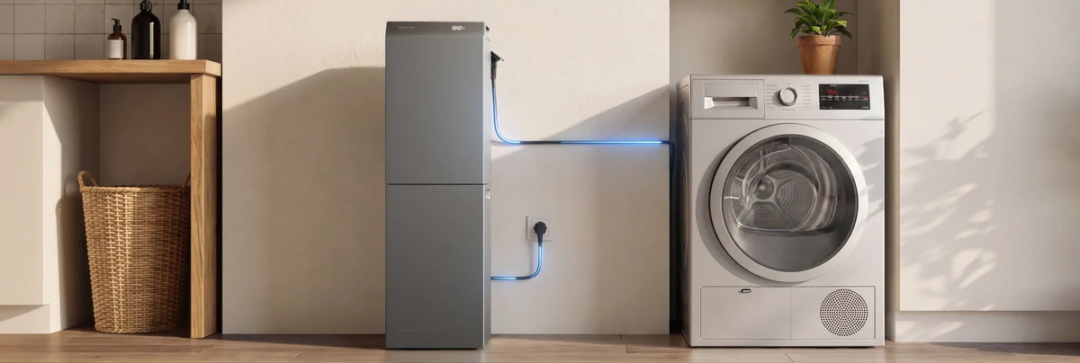 EcoFlow STREAM 5000 mit Erweiterungsbatterie neben einem Trockner im Hauswirtschaftsraum.