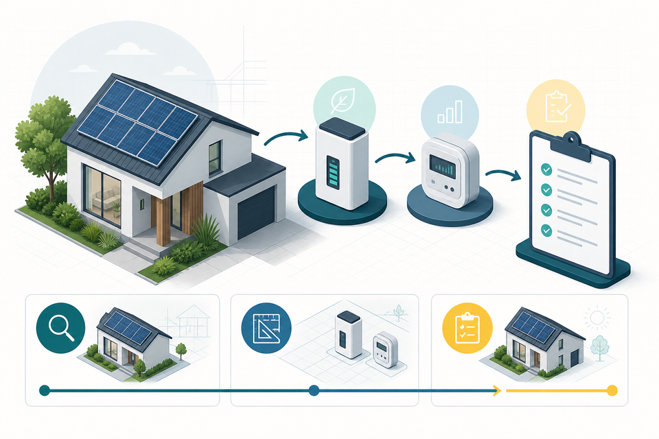 Planungsillustration mit Wohnhaus, Batteriespeicher, Smart Meter und Checkliste vor der Installation