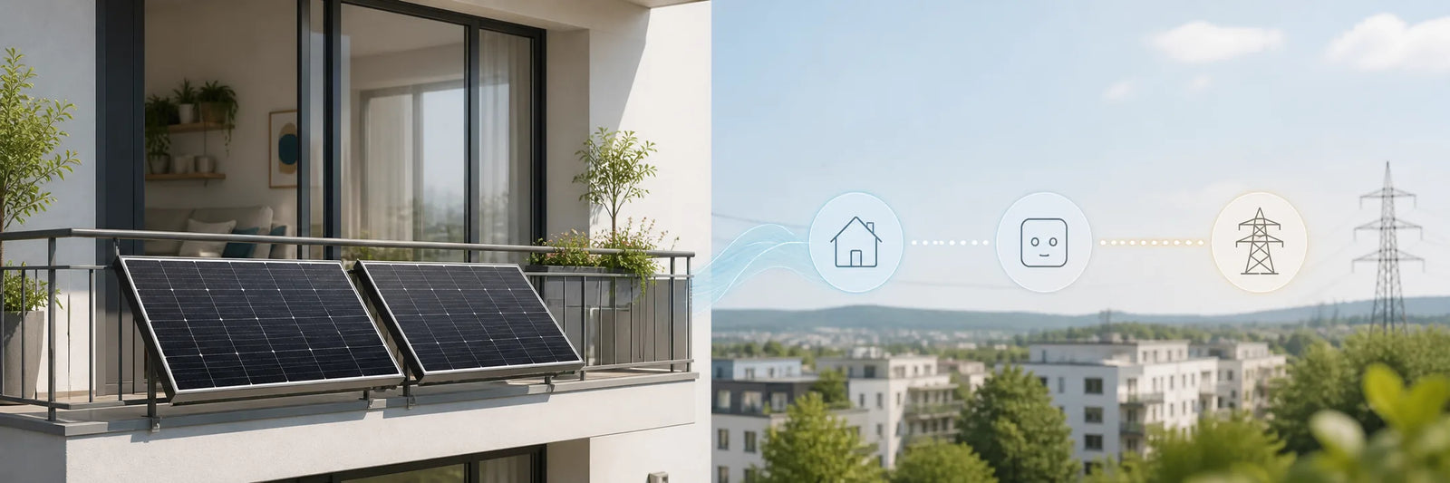 Balkonkraftwerk am Wohnungsbalkon mit schematischem Energiefluss zu Hausnetz und Stromnetz