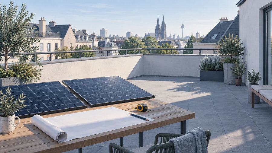 Redaktionelle Illustration: Planung einer Solaranlage auf einer Dachterrasse mit Modulen auf einem Tisch