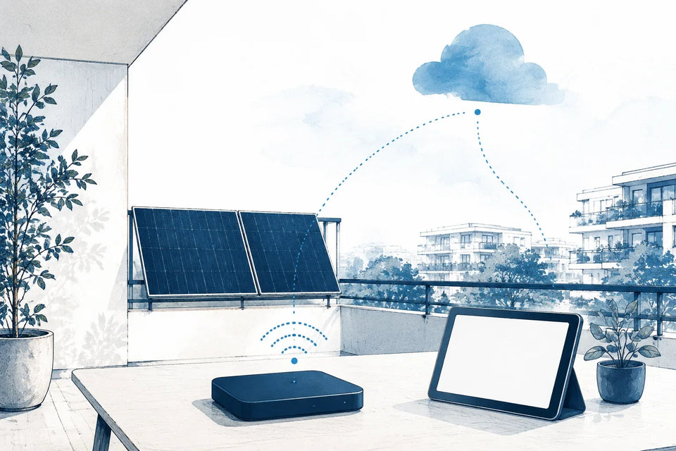 Redaktionelle Illustration mit Balkon-Solarmodulen, Router, Tablet und separatem Cloud-Symbol