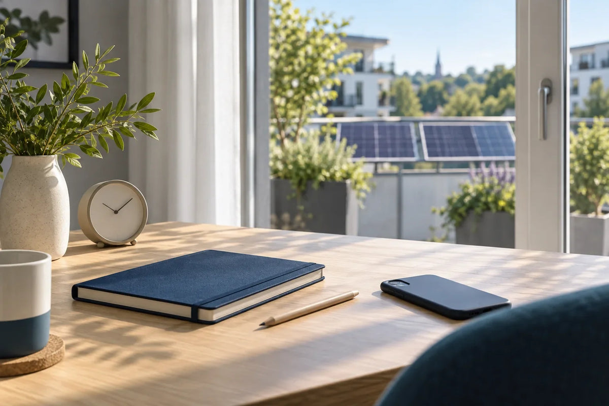 KI-Illustration: Notizbuch, Uhr und Smartphone vor einem sonnigen Balkon; kein Gerätetest und keine elektrische Prüfung.