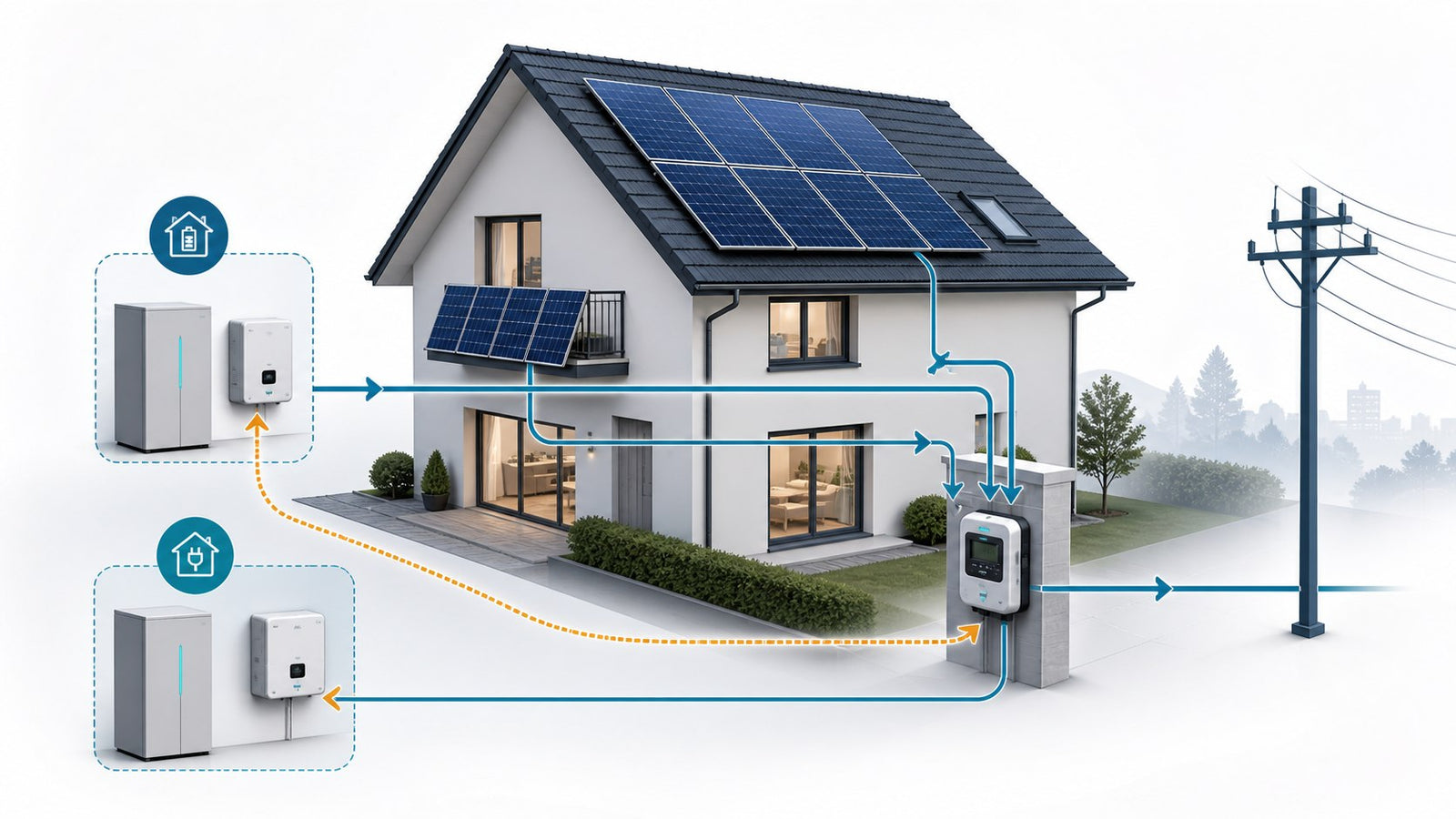 Schematische Hausansicht mit zwei PV-Systemen, Smart Meter und gemeinsamem Netzanschlusspunkt