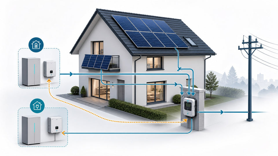 Schematische Hausansicht mit zwei PV-Systemen, Smart Meter und gemeinsamem Netzanschlusspunkt