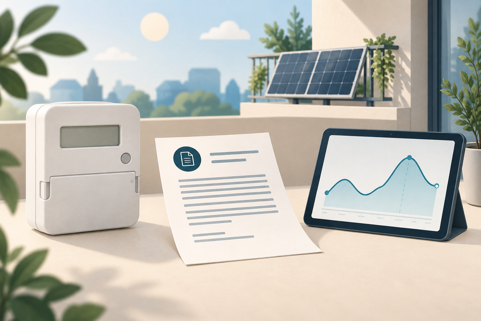 Redaktionelle Illustration mit Stromzähler, Vertragsblatt und Tablet mit Preiskurve vor einem Solarbalkon