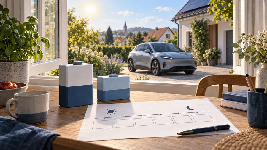 Redaktionelle Illustration: Ladezeiten planen mit Batteriemodellen auf einem Tisch und Auto vor dem Haus