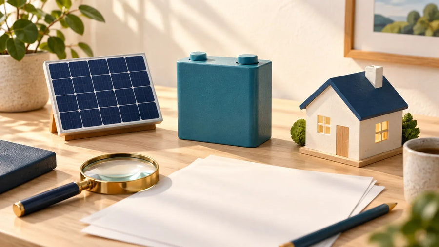 Redaktionelle Illustration: getrennte Modelle von Solarmodul, Batterie und Haus auf einem Tisch