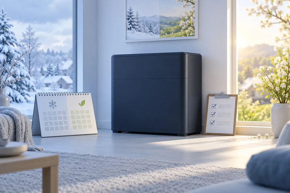 KI-Illustration: Symbolischer Batteriespeicher mit Kalender und Prüfliste zwischen Winter und Frühling