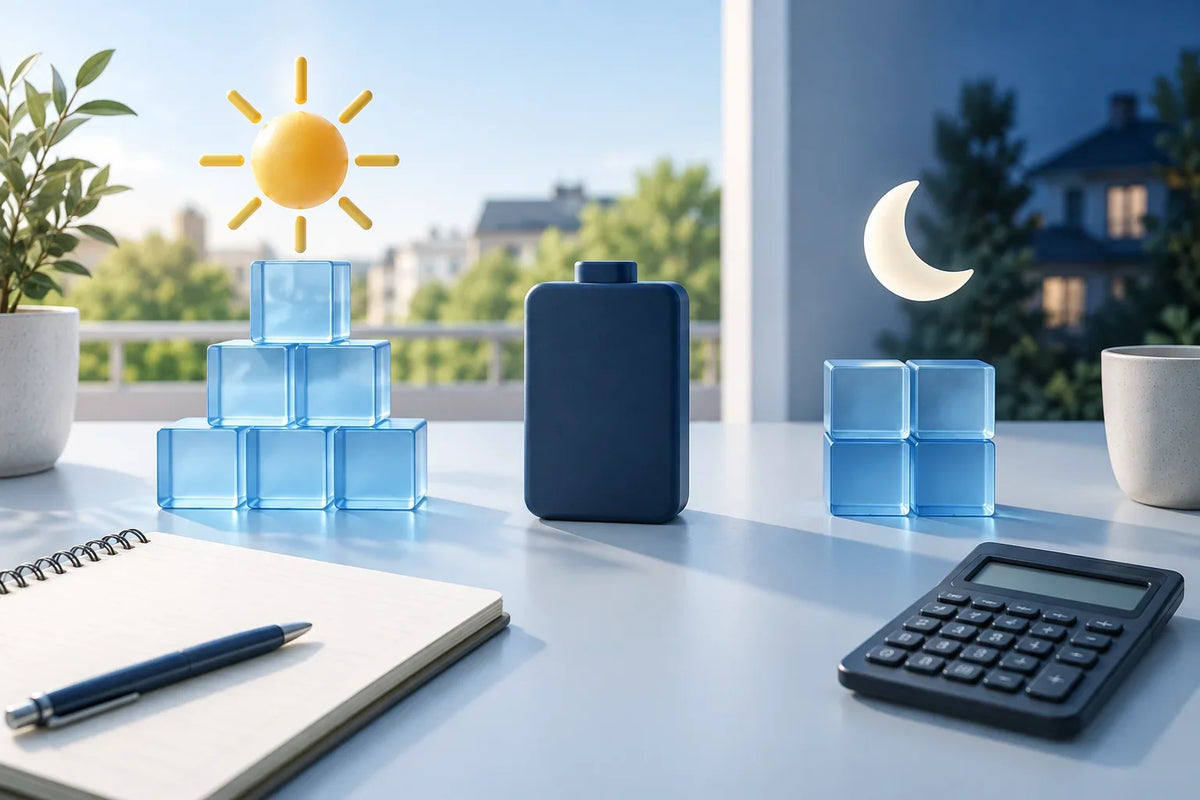 KI-Illustration: Batteriesymbol zwischen Sonne und Mond zur Planung von Solarüberschuss und Nachtbedarf