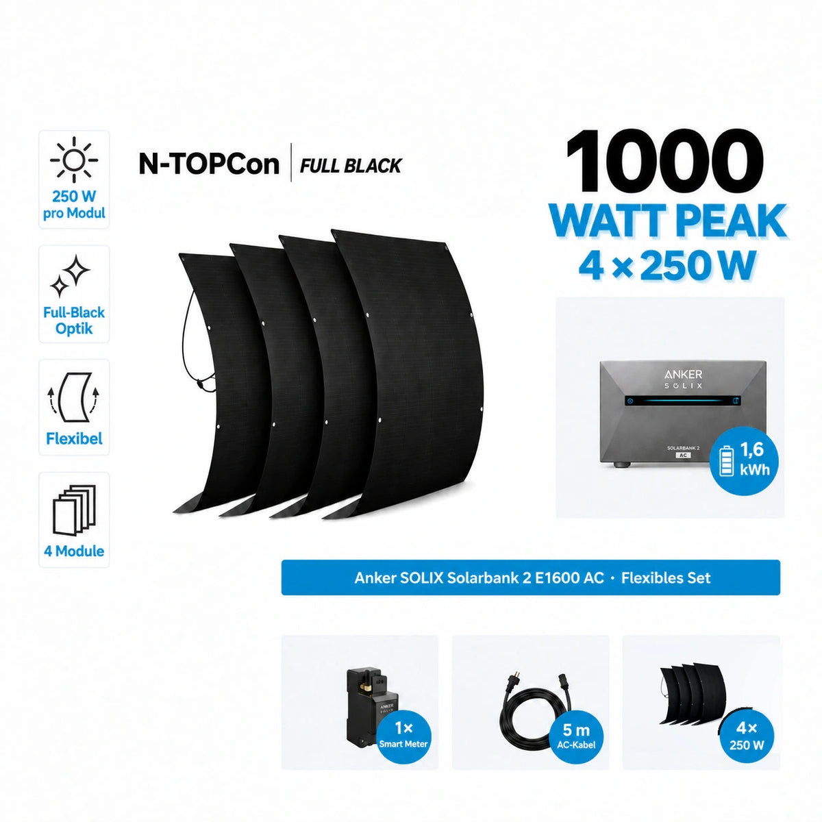 Anker AC flexibles Set 1,6 kWh 4 × 250W flexible Solarmodule