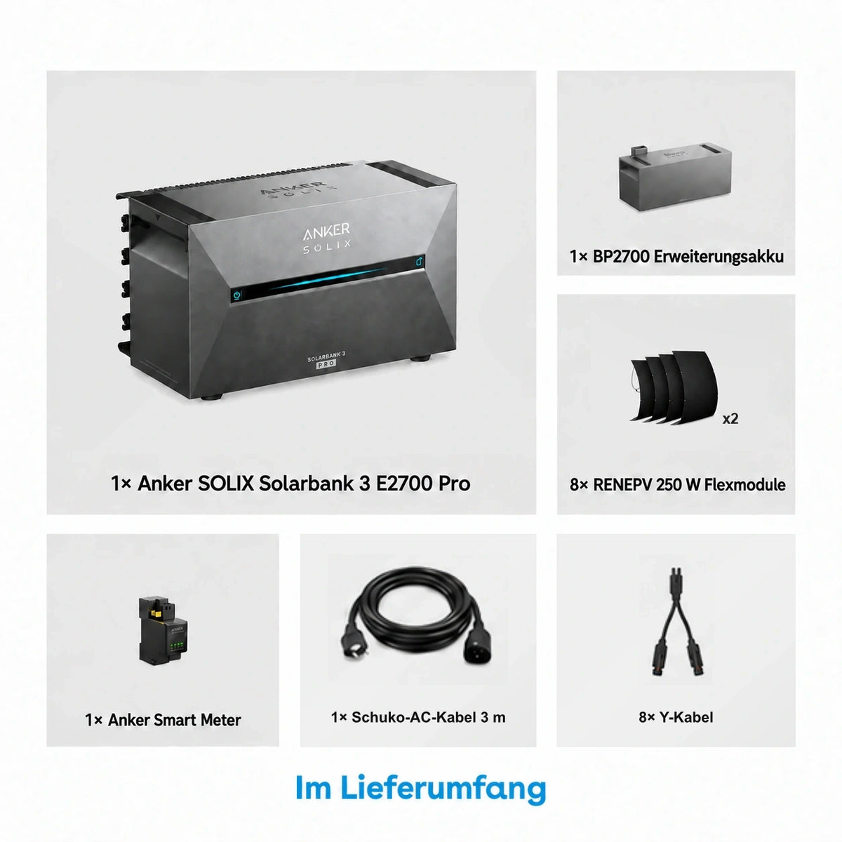 Anker SOLIX Solarbank 3 E2700 Pro Speicher 5,37 kWh 250W x8 flexibles Set – Lieferumfang