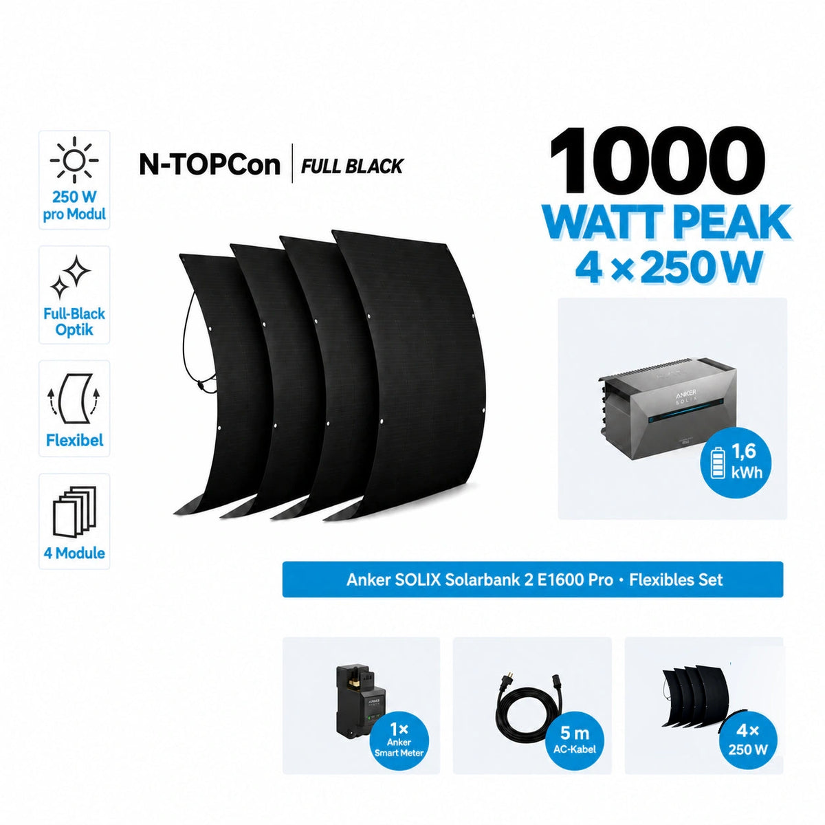 Anker SOLIX Solarbank 2 E1600 Pro Speicher 4 × 250W flexible Solarmodule 1,6 kWh Set