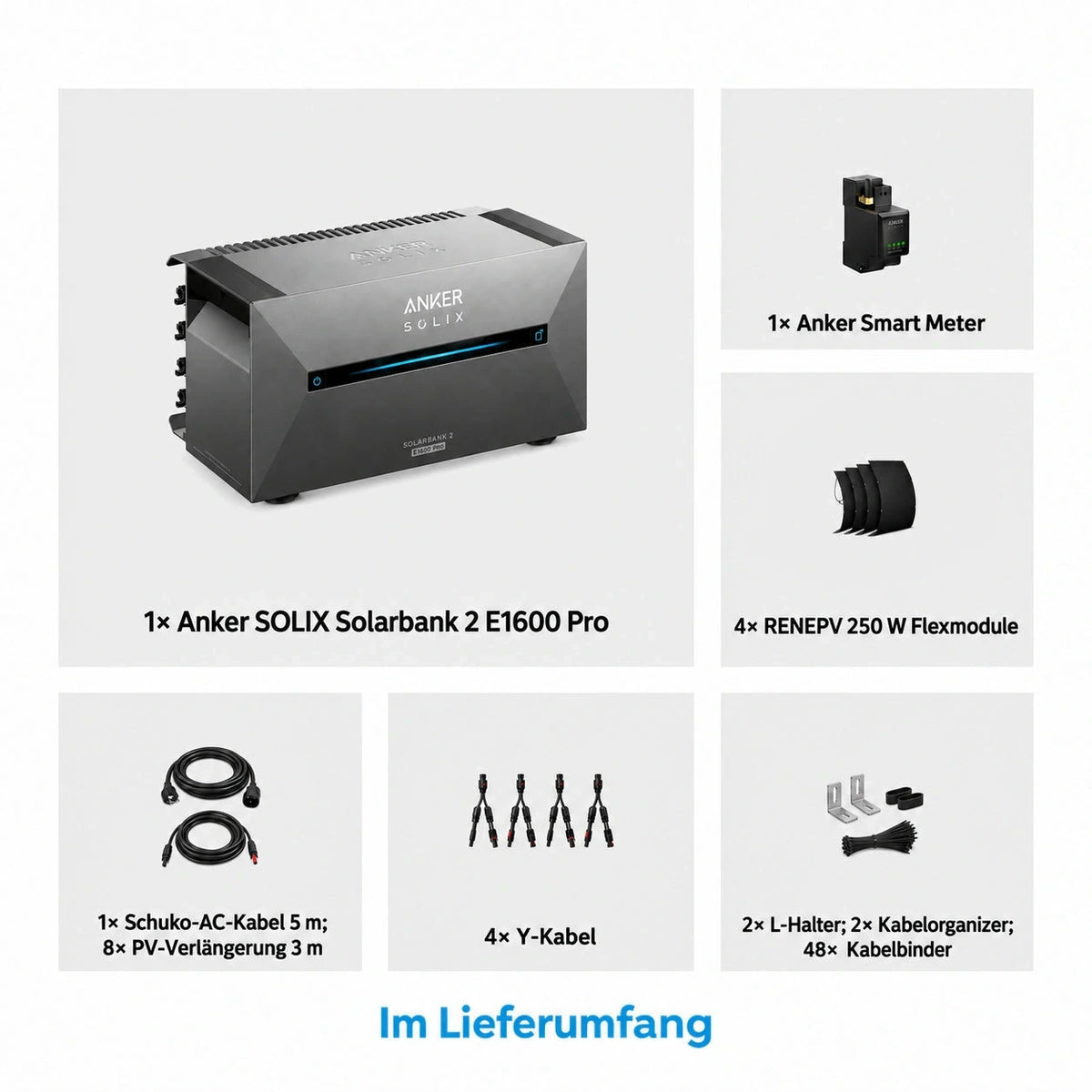 Anker SOLIX Solarbank 2 E1600 Pro Speicher 4 × 250W flexible Solarmodule 1,6 kWh Set