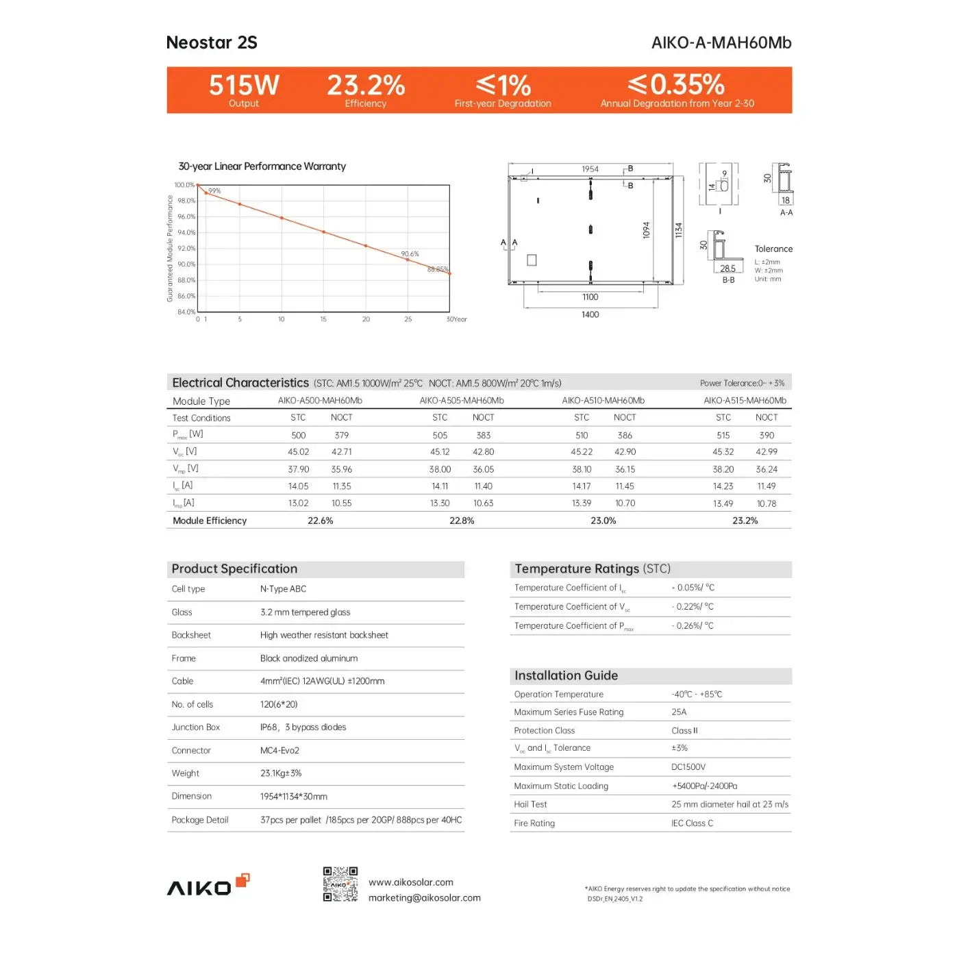 Technische Daten und Spezifikationen des 510W AIKO Neostar 2S 510W AIKO-A510-MAH60 Solarmoduls