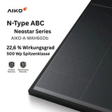 Módulo solar AIKO Neostar 2S+ A500-MAH60Db N-Type ABC de 500 W con una eficiencia del 22,6 % y una potencia máxima de 500 Wp.