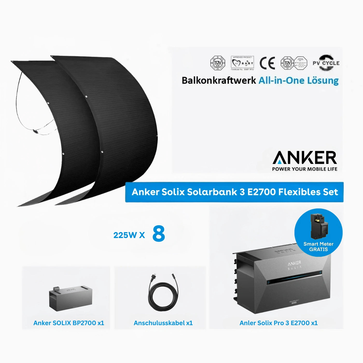 Flexible Solarmodule RENEPV mit Anker SOLIX Solarbank 3 E2700 Pro Speicher 5.37kWh flexset