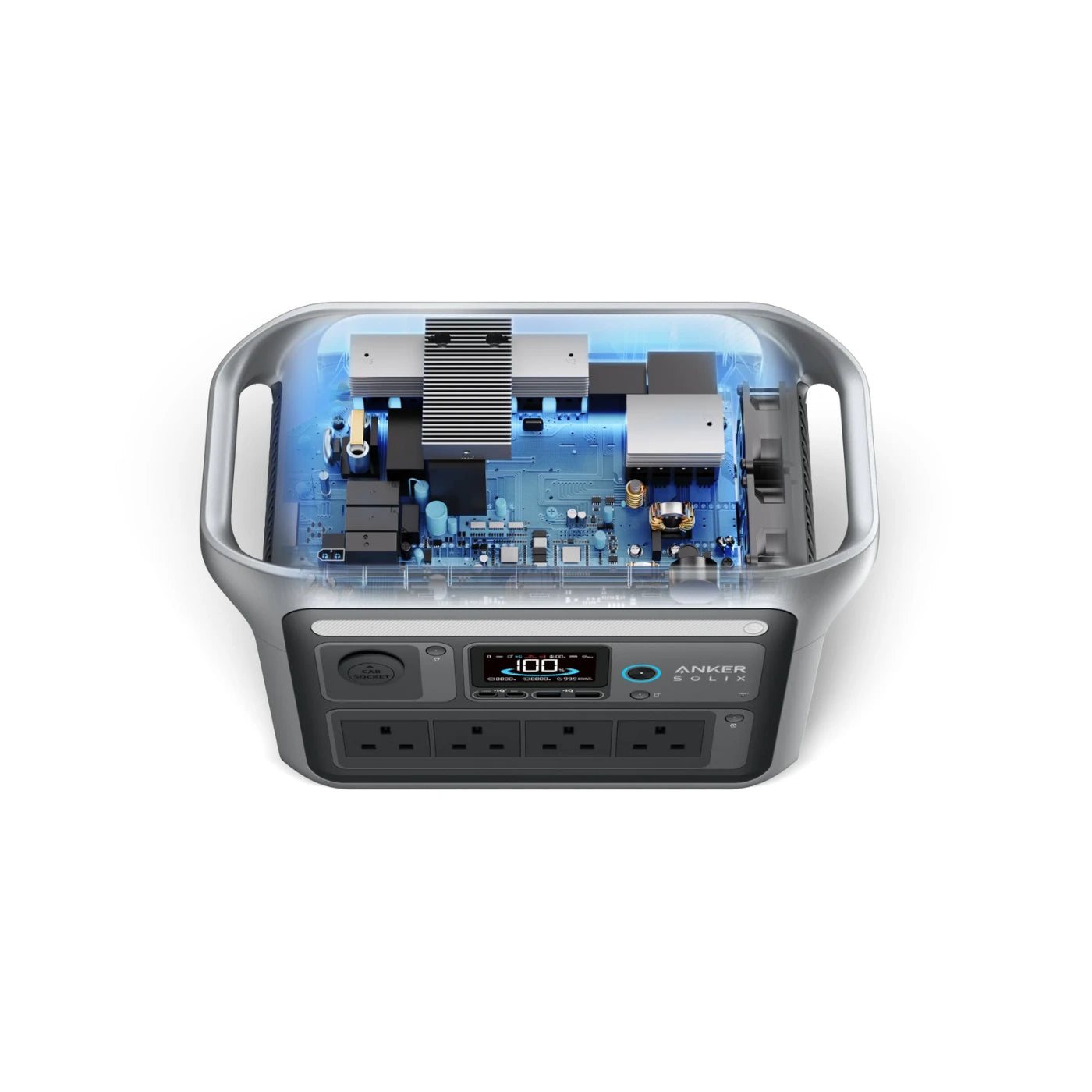Anker SOLIX C1000X Tragbare Powerstation mit transparentem Gehäuse und Innenansicht der Komponenten