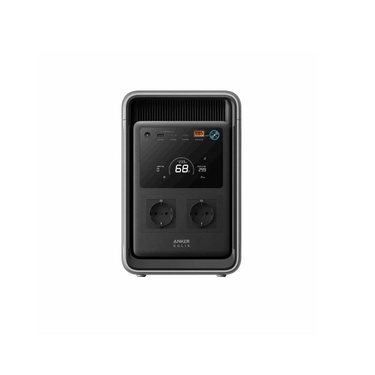 Anker SOLIX S2000 – Frontansicht mit zwei Schuko-Steckdosen