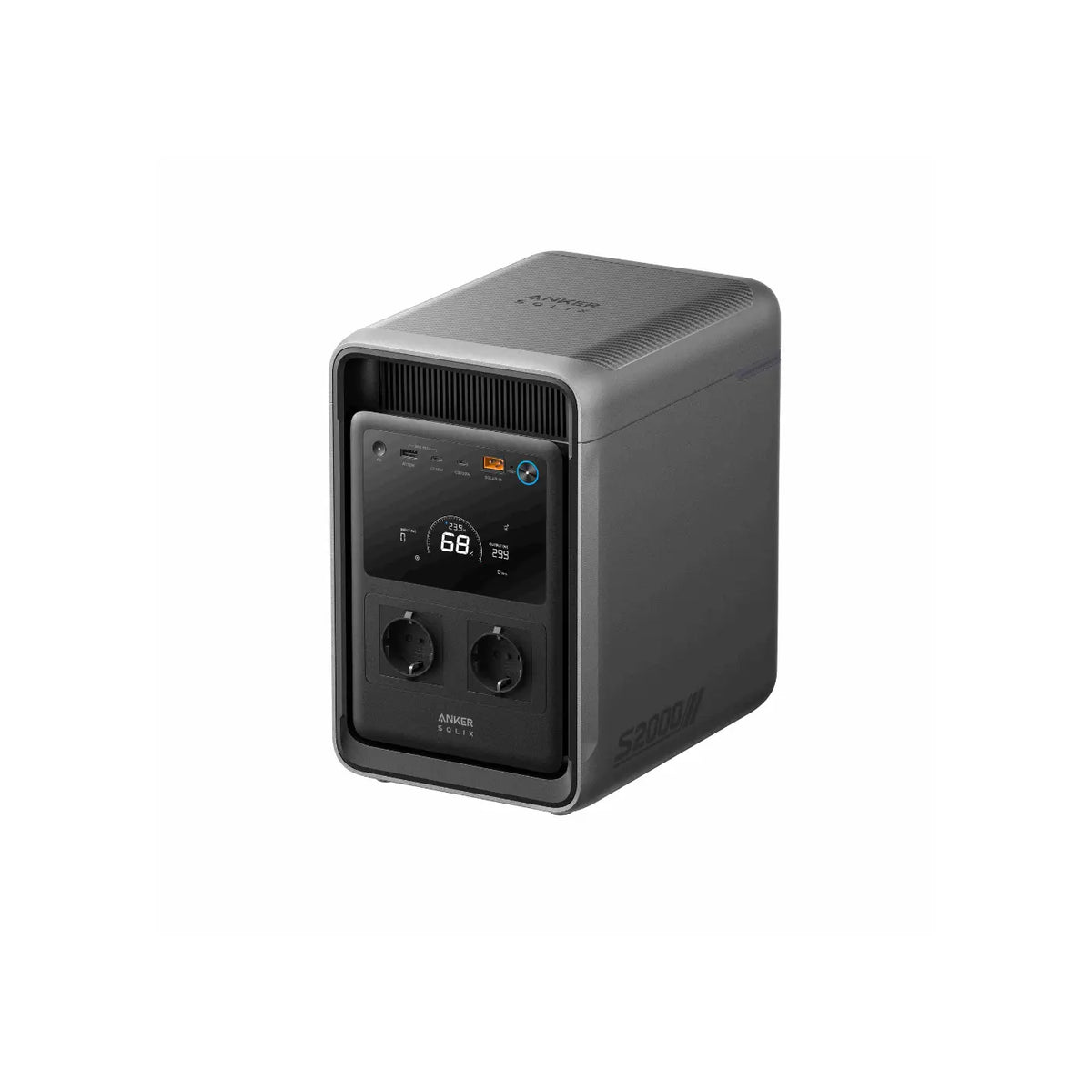 Anker SOLIX S2000 – schräge Frontansicht mit Display und Anschlüssen