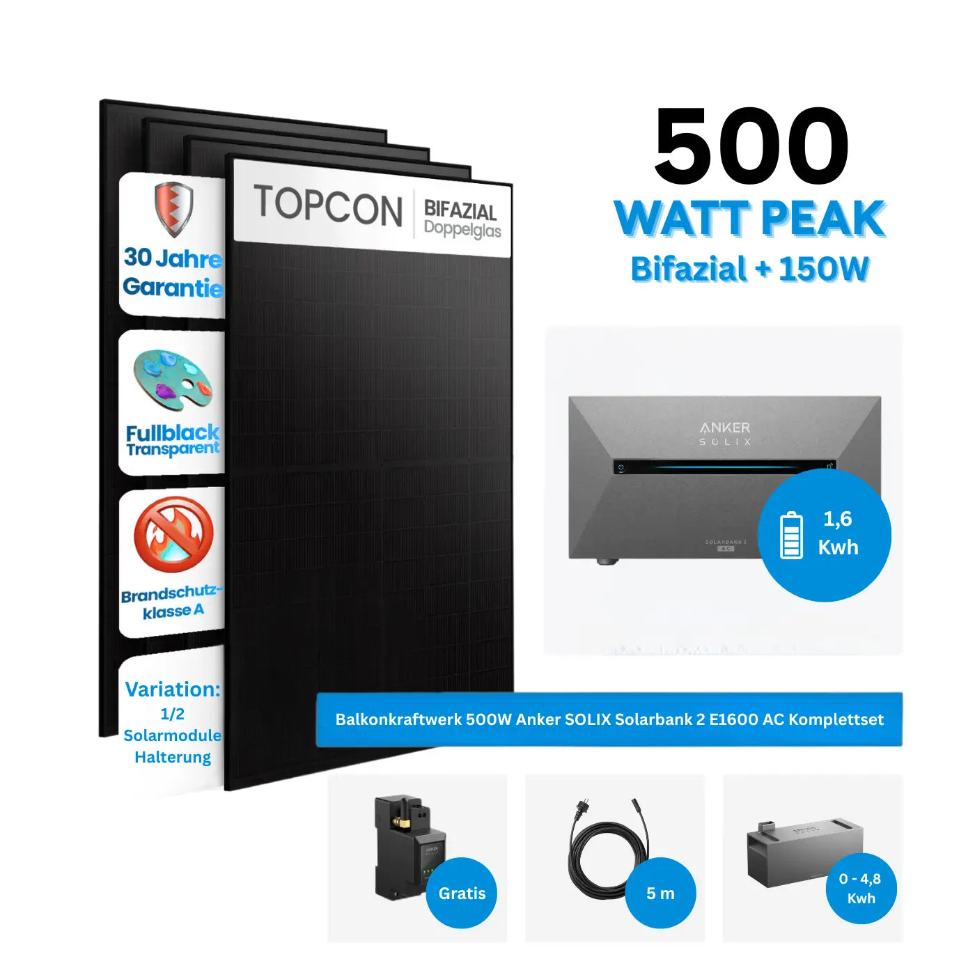 Anker SOLIX Solarbank 2 E1600 AC Balkonkraftwerk Speicher mit 500W Solarmodul Komplettset