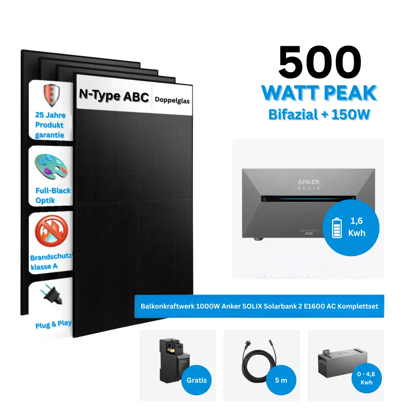 Anker SOLIX Solarbank 2 E1600 AC Balkonkraftwerk Speicher mit 500W Solarmodul Komplettset